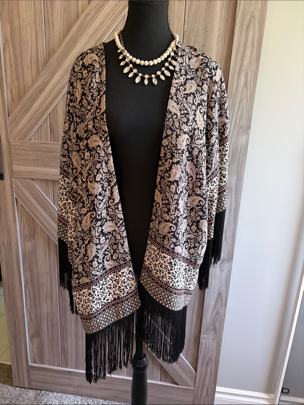 Boho Fringe Paisley Open Front Sweater - Black and Cream
